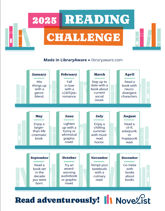 A colorful infographic titled 2025 Reading Challenge with monthly prompts for different types of books to read, featuring icons of bookshelves and stacks of books, and the tagline Read adventurously! at the bottom.