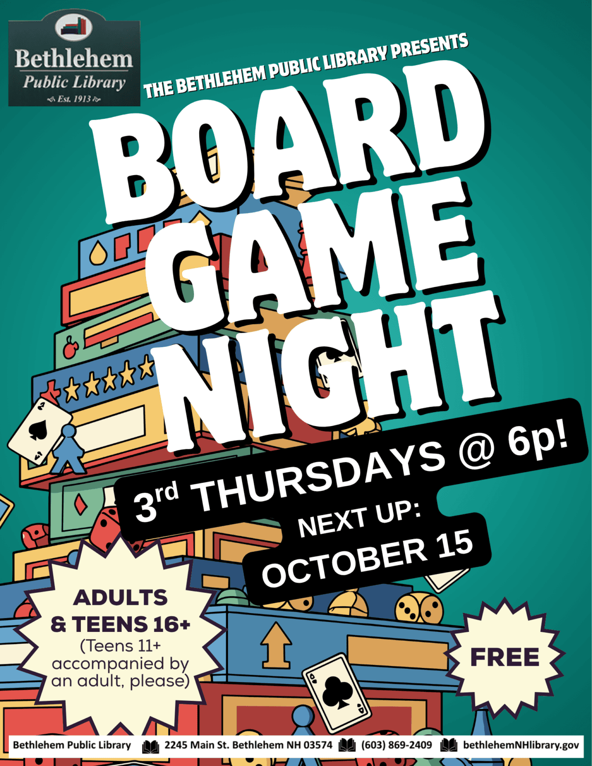 A new program for adults and teens (age 11-15 please be accompanied by an adult). Bring your friends and meet others who like tabletop games. We’ll play some oldies-but-goodies, and some new ones too!