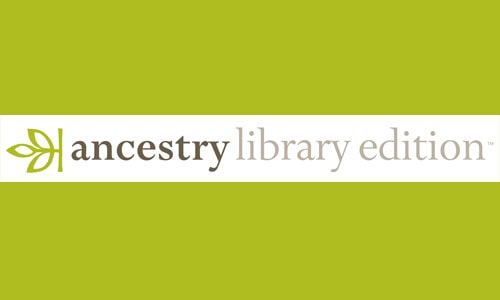Logo for Ancestry Library Edition, featuring a green leaf icon next to the words ancestry library edition on a white background, with green borders above and below the text.