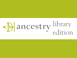 Logo for Ancestry Library Edition, featuring a green leaf icon next to the word ancestry in gray, with library edition in smaller text to the right, set on a white and green background.