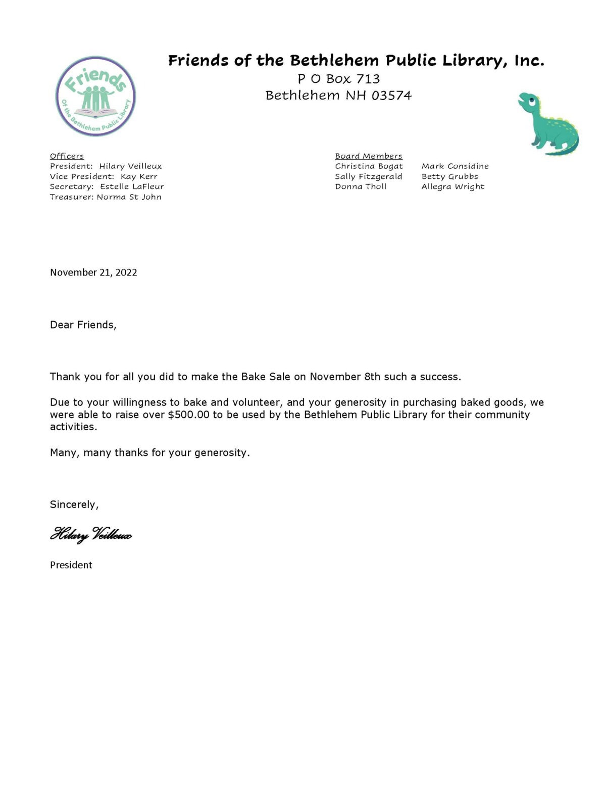 A letter from Friends of the Bethlehem Public Library thanking supporters for raising over $500 at a bake sale, featuring the organization’s logo and a green dinosaur illustration at the top.