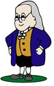 Cartoon illustration of a man with long gray hair, glasses, a blue coat, yellow vest, white shirt with a ruffled collar, black pants, and black shoes, standing with hands on hips on a green patch.