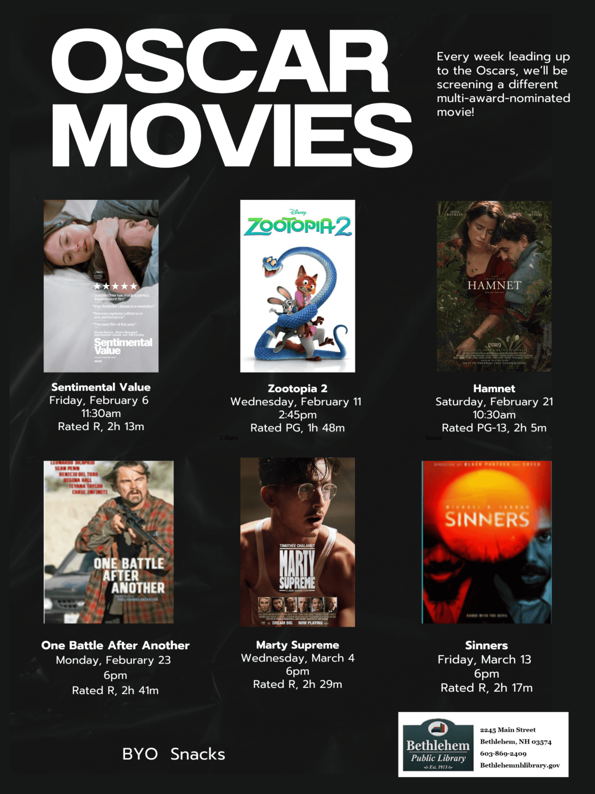 Oscars 2026 flyer with movie posters and title information