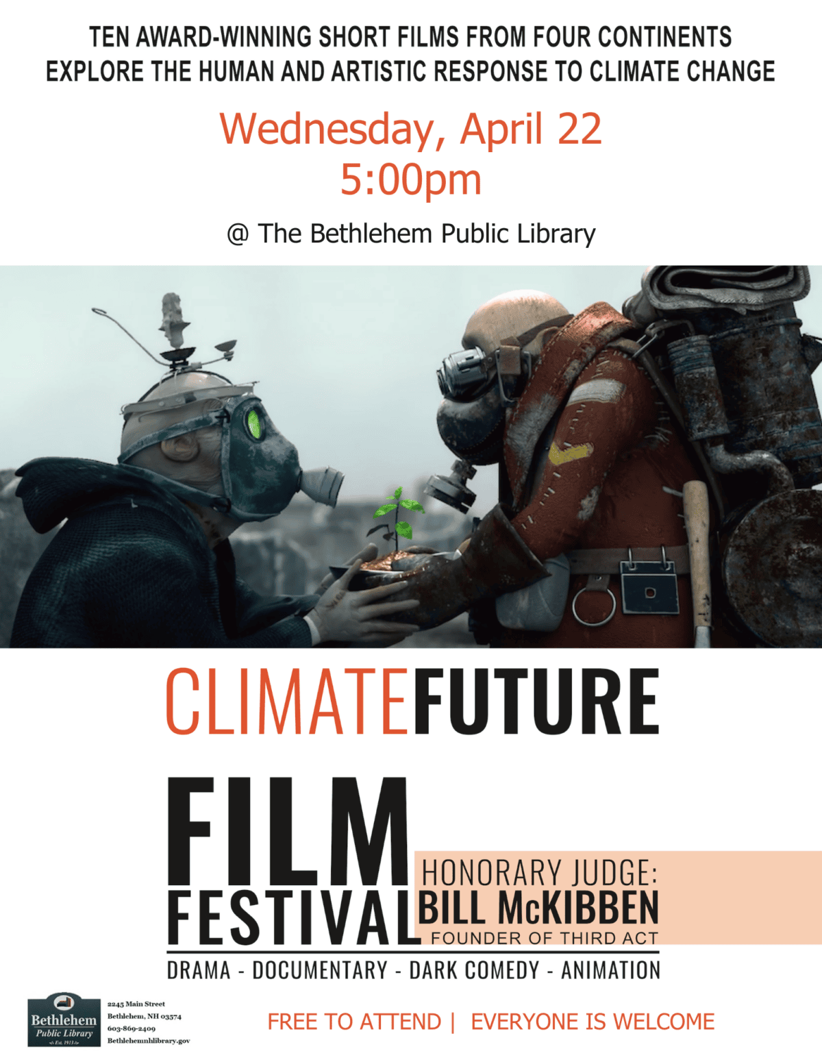 ten award-winning short films from four continents explore the human and artistic response to climate change.
Wednesday, April 22nd 5-7pm
Climate Future Film Festival
Free to attend. Everyone is welcome.