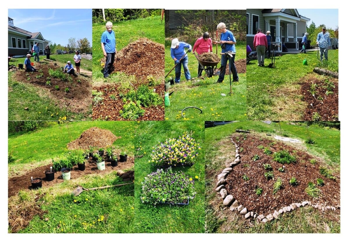 A collage shows people gardening: planting flowers, moving mulch, watering plants, and working together in a grassy yard. Close-ups show potted seedlings, flower trays, and a finished garden bed bordered with rocks.