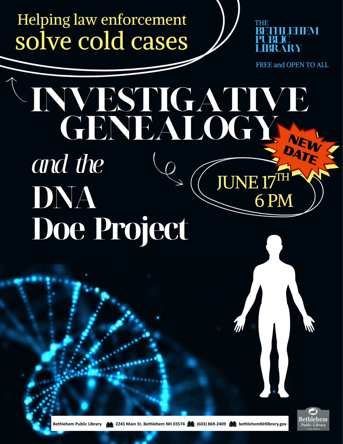 Bethlehem Public Library's investigative genealogy event focusing on cold case solving and DNA analysis, scheduled for June 17th at 6 PM.