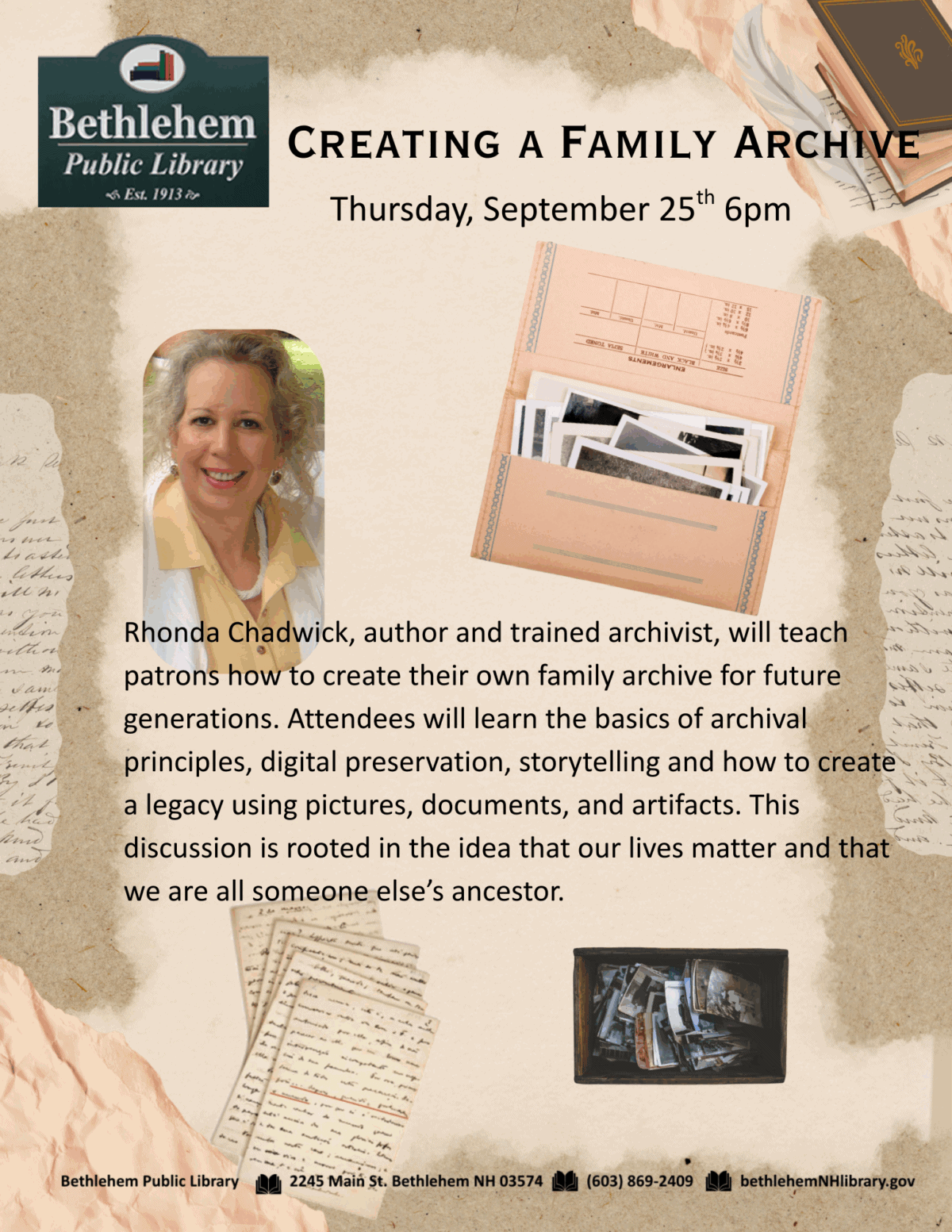 Flyer for Creating a Family Archive event at Bethlehem Public Library, featuring an archival box, old photos, and documents. It details a workshop with Rhonda Chadwick on September 25th at 6pm.