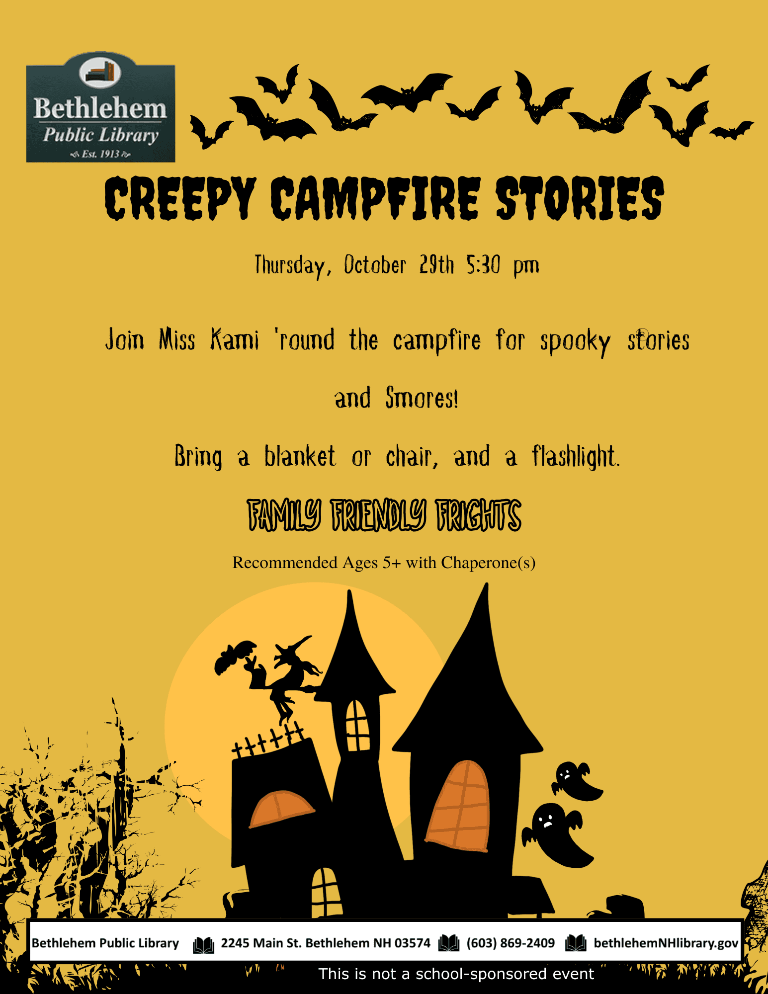 Creepy Campfire Stories Thursday 10/19 5:30pm Our Annual Halloween event!
Join Miss Kami 'round the campfire for spooky stories and S’mores!  Bring a blanket or chair, and a flashlight.  Recommended Ages 5+ with Chaperone(s).  Family-Friendly Frights!!