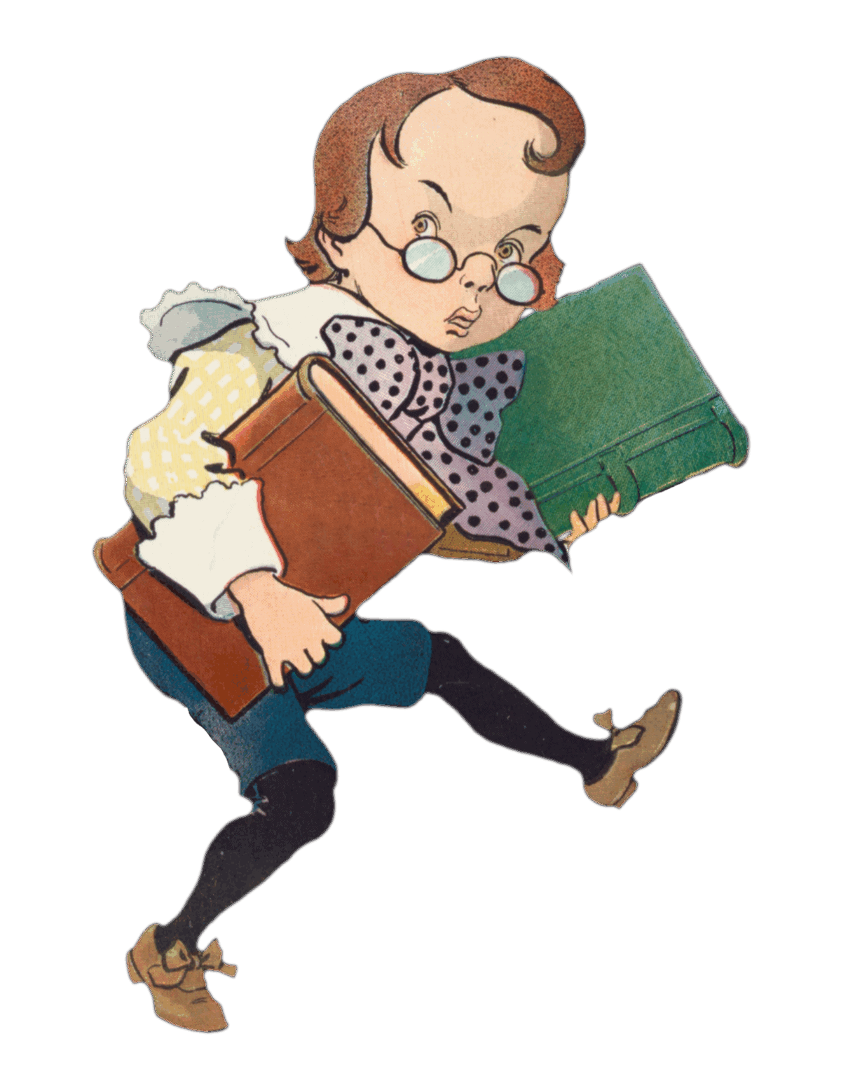 woman with books in both hands, running.