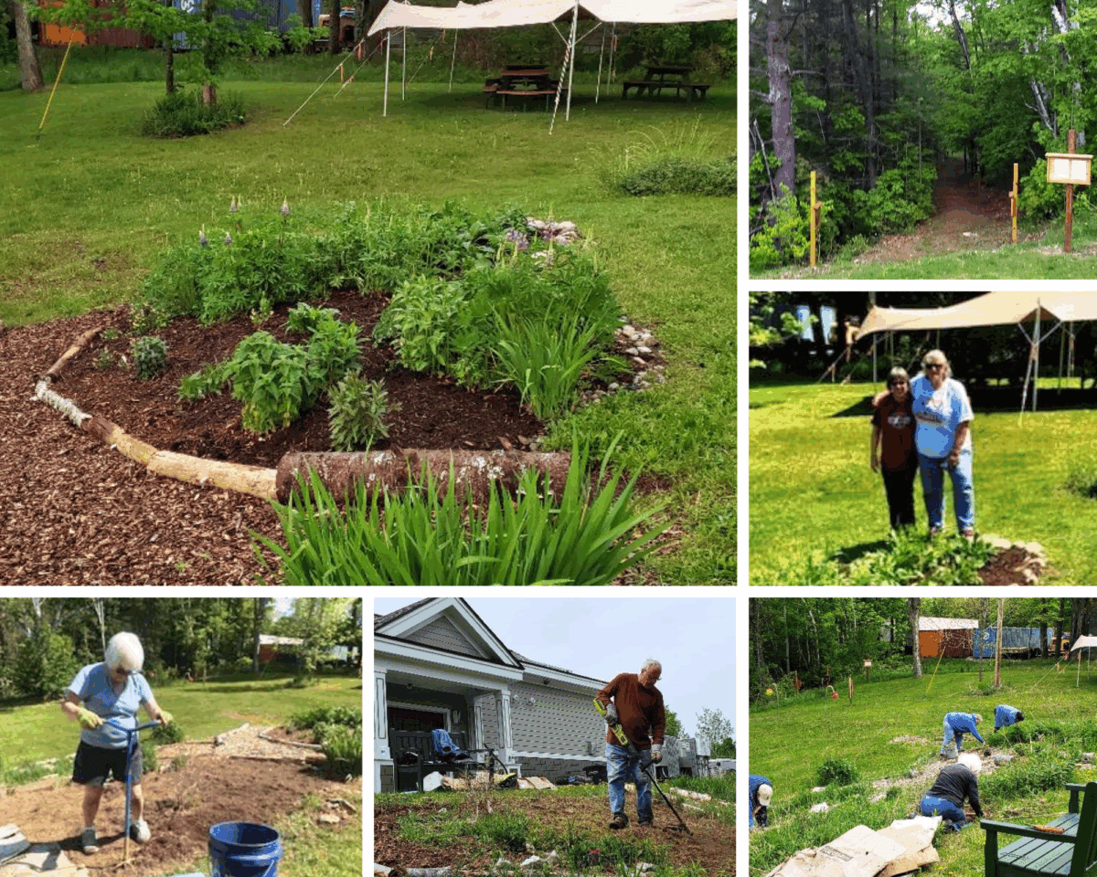 A collage shows people gardening: tending flower beds, watering plants, standing together outdoors, and working in a yard. One image features a flower bed with mulch and a grassy area with picnic tables and trees.