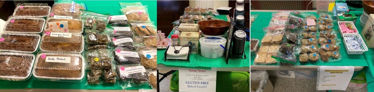 Three tables display a variety of homemade baked goods, some labeled gluten-free, neatly packed in trays and bags with price stickers, alongside plates, utensils, and a donation jar.