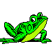 Animated green frog with black outlines leaping forward on a white background, mid-jump with back legs extended and mouth open.