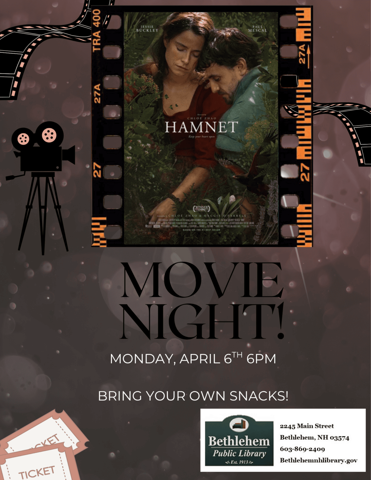 Movie photo of Hamnet.
Movie Night!
Monday, April 6th 6pm
Bring your own snacks!