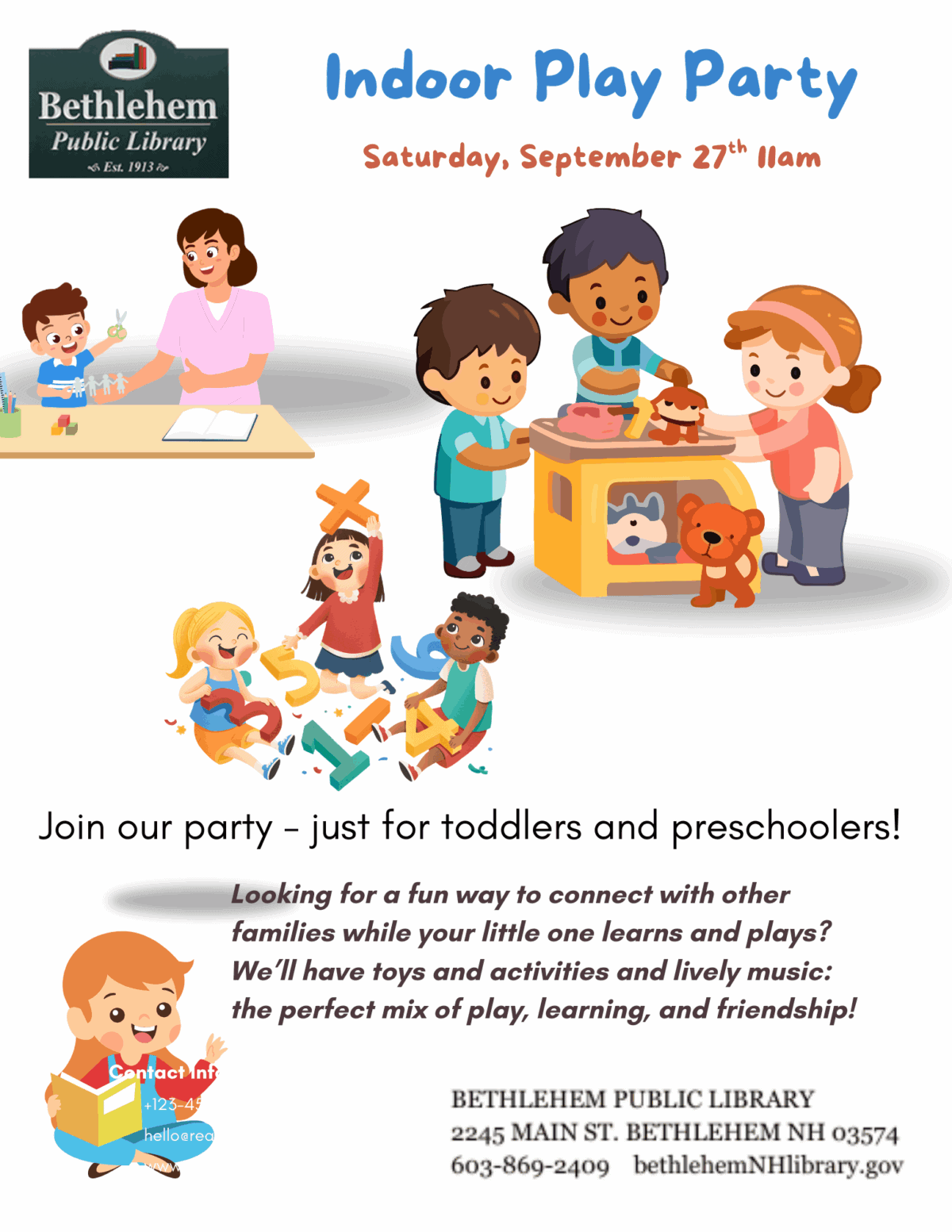 Flyer for Bethlehem Public Library’s Indoor Play Party on Saturday, September 27 at 11am, featuring cartoon children playing, adults interacting, and event details for families with toddlers and preschoolers.