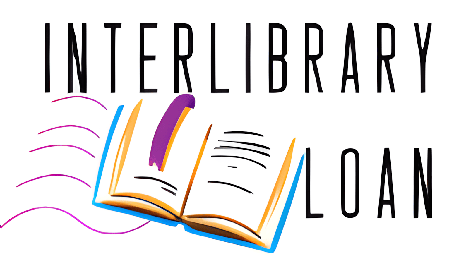 An illustration of an open book with lines of text, a purple bookmark, and the words INTERLIBRARY LOAN in bold black letters above and beside the book. Wavy pink lines accent the left side of the image.