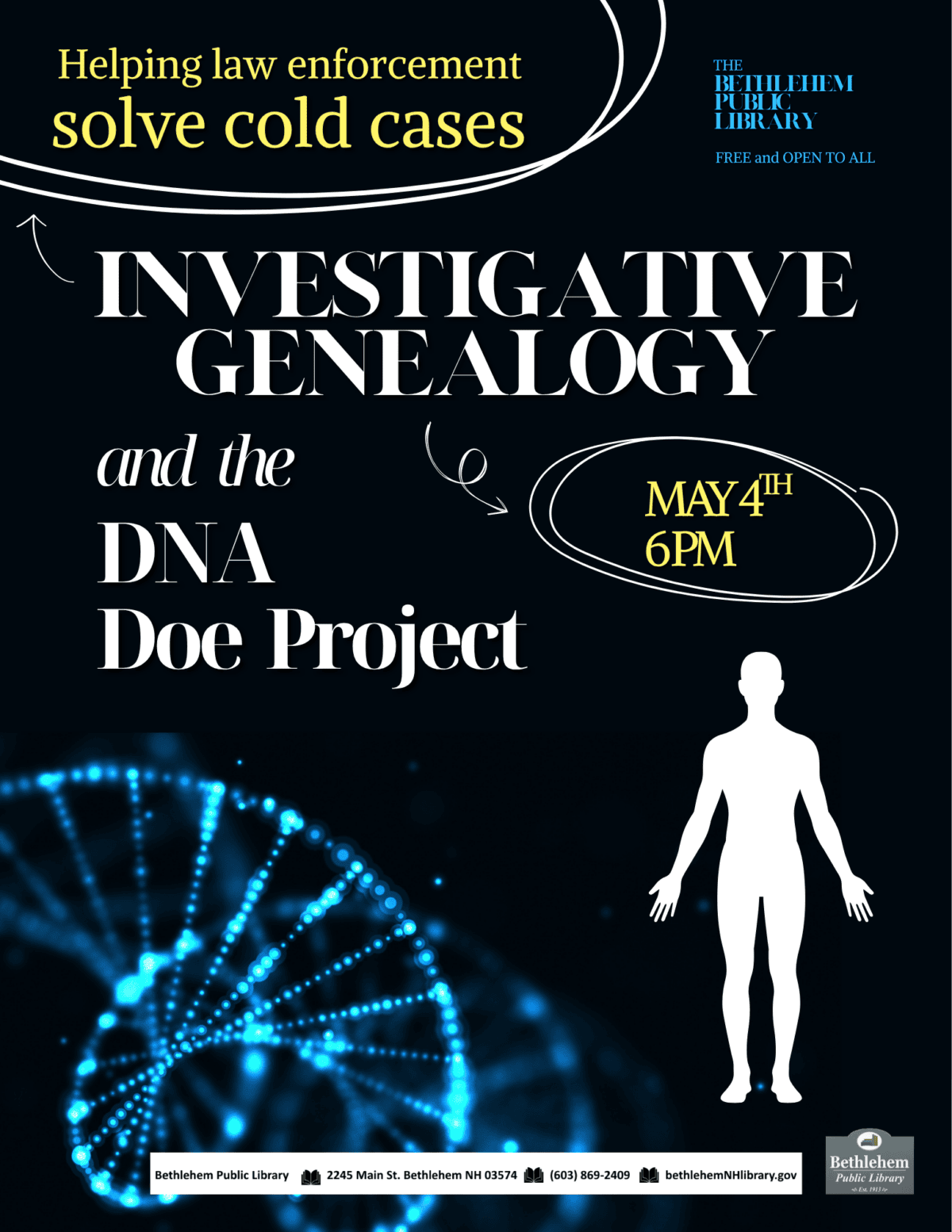 Investigative genealogy and the DNA Doe Project Monday, May 2nd 6pm.
Helping law enforcement solve cold cases.