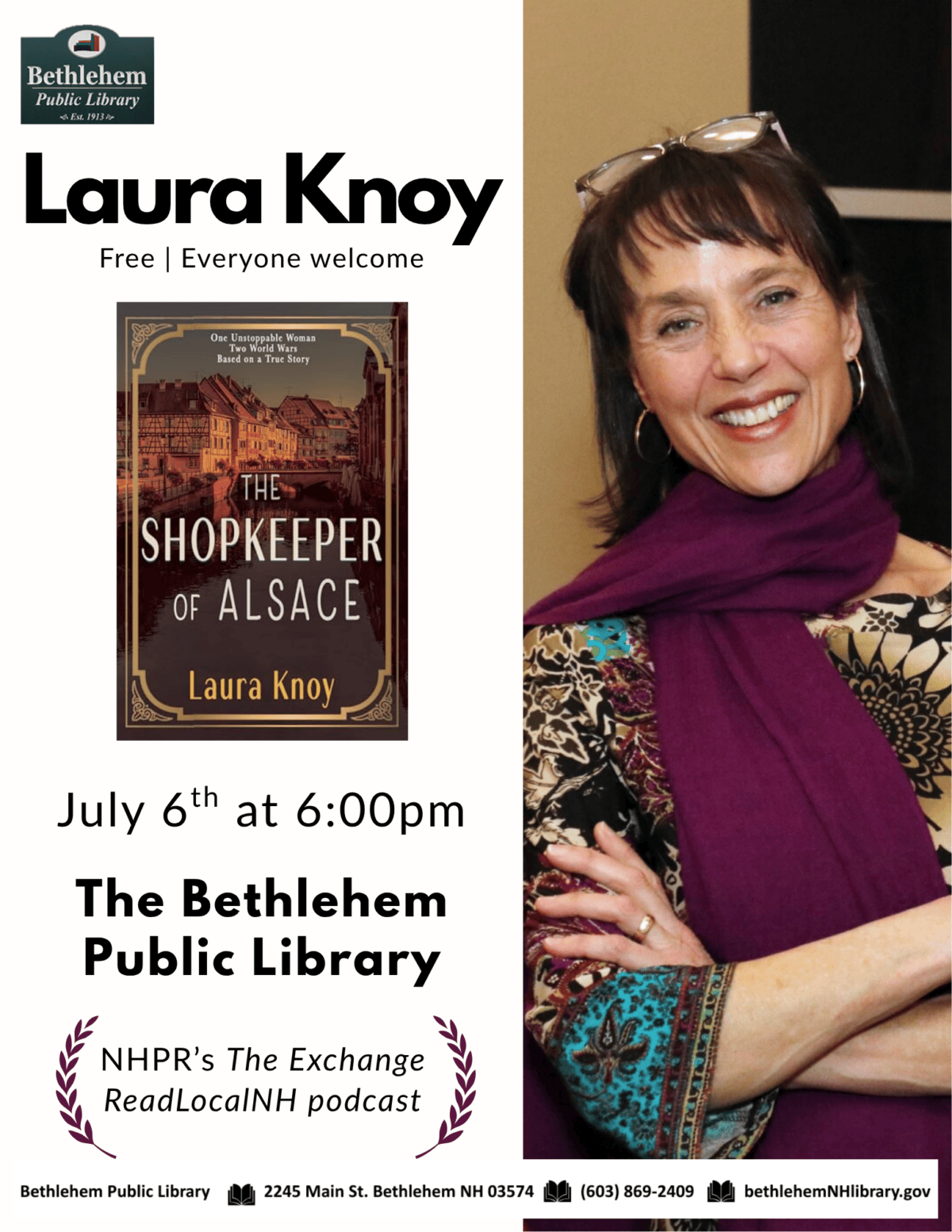 Laura Knoy Monday July 6th 6pm to discuss her new book The Shopkeeper of Alsace.