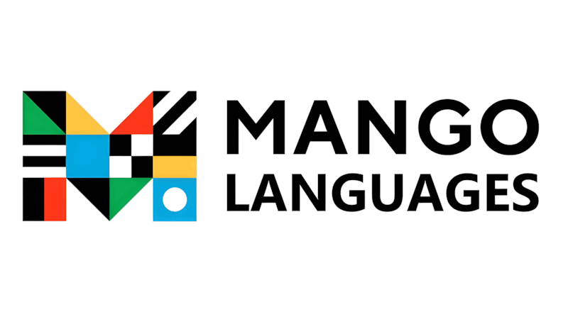 The Mango Languages logo features a colorful geometric M made of various shapes and colors, next to the black text Mango Languages on a white background.