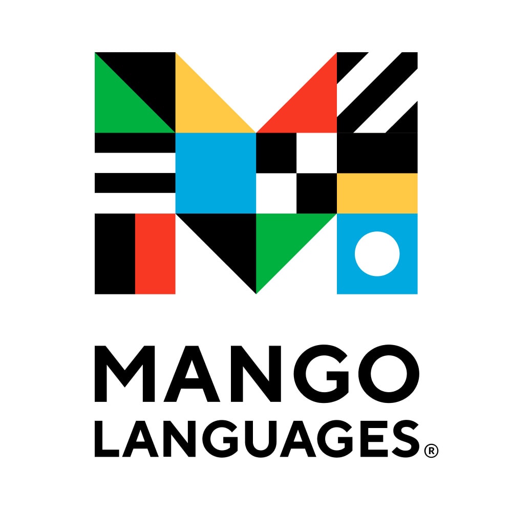 Colorful geometric shapes forming the letter M above the words Mango Languages in bold, black text on a white background.