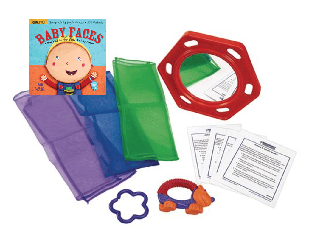 A set includes the book Baby Faces, colorful scarves, a red-framed mirror, activity guides, a purple flower-shaped ring, and a textured teether shaped like an orange animal.