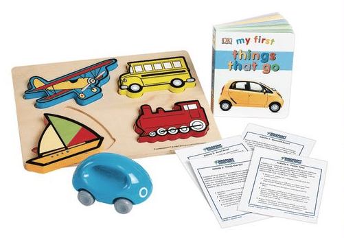 A wooden puzzle with shapes of a plane, bus, sailboat, and train, a blue toy car, a board book titled my first things that go, and several information cards are displayed on a white background.
