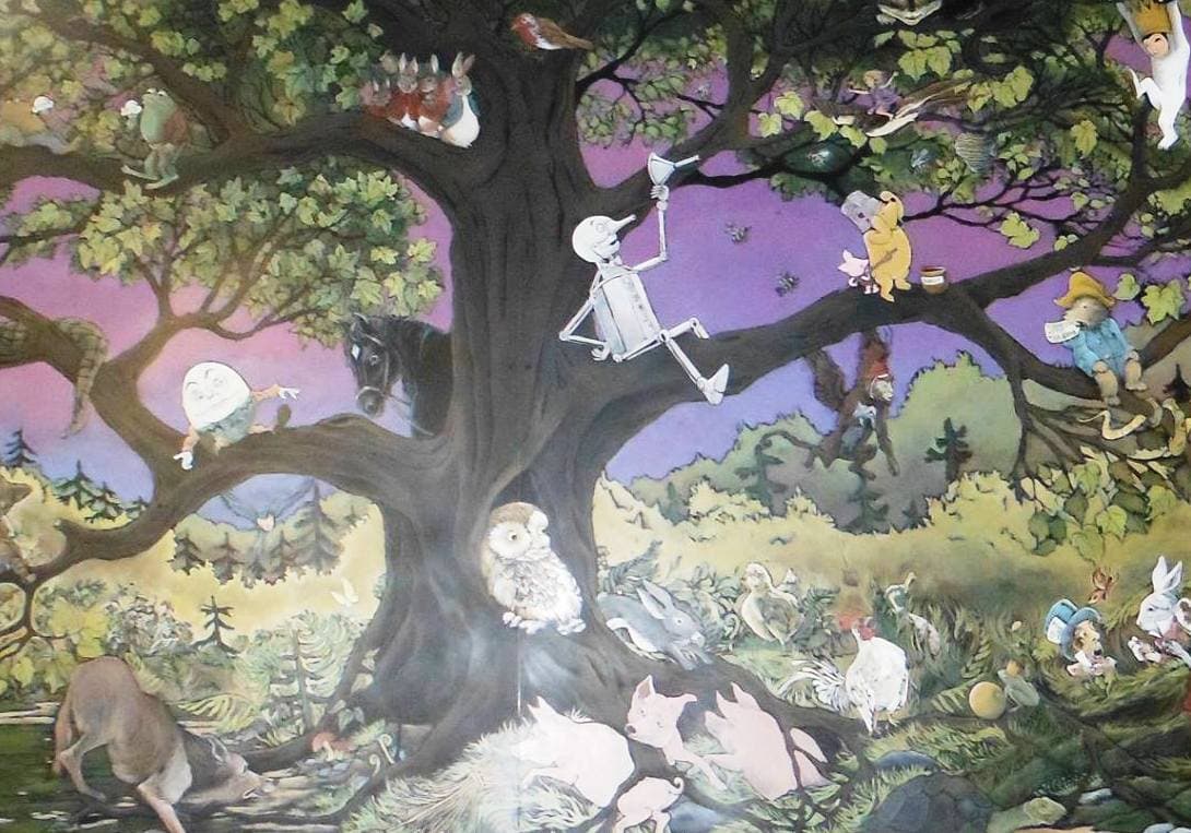 A large tree with various storybook characters, like Humpty Dumpty, the Tin Man, Winnie the Pooh, Piglet, and an owl, gathered on its branches and surrounding it, set against a colorful twilight sky.