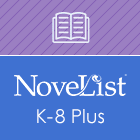 Square graphic divided diagonally; top half is purple with an open book icon, bottom half is blue with the text “NoveList K-8 Plus” in white.