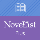 Square image with a blue and purple background, an open book icon at the top, and the words NoveList Plus prominently displayed in white text below.