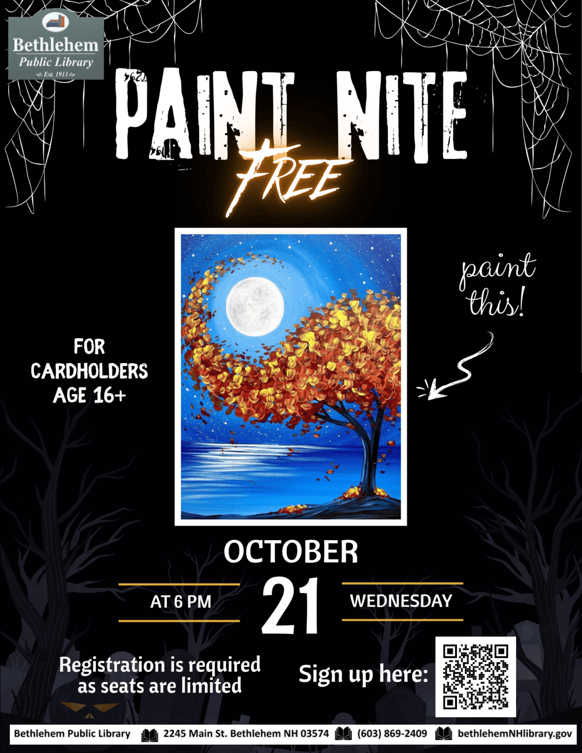 Rebecca will lead participants in creating a beautiful autumn-themed painting. Registration is required as seats are limited.
Open to cardholders age 16+.  Non-alcoholic refreshments will be served.