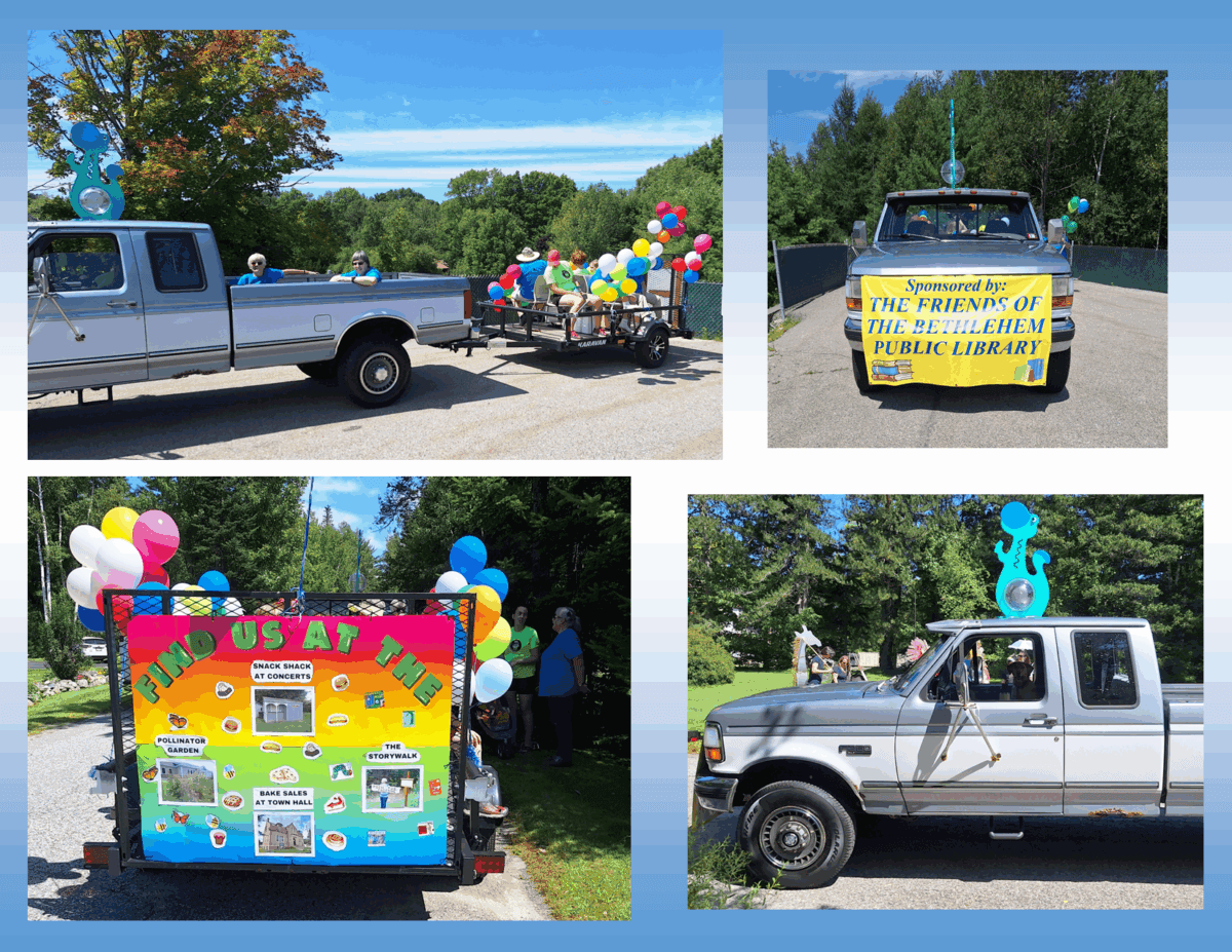 A parade float features a decorated truck and trailer with colorful balloons and library signs, including Find Us at the Library and Sponsored by the Friends of the Bethlehem Public Library.