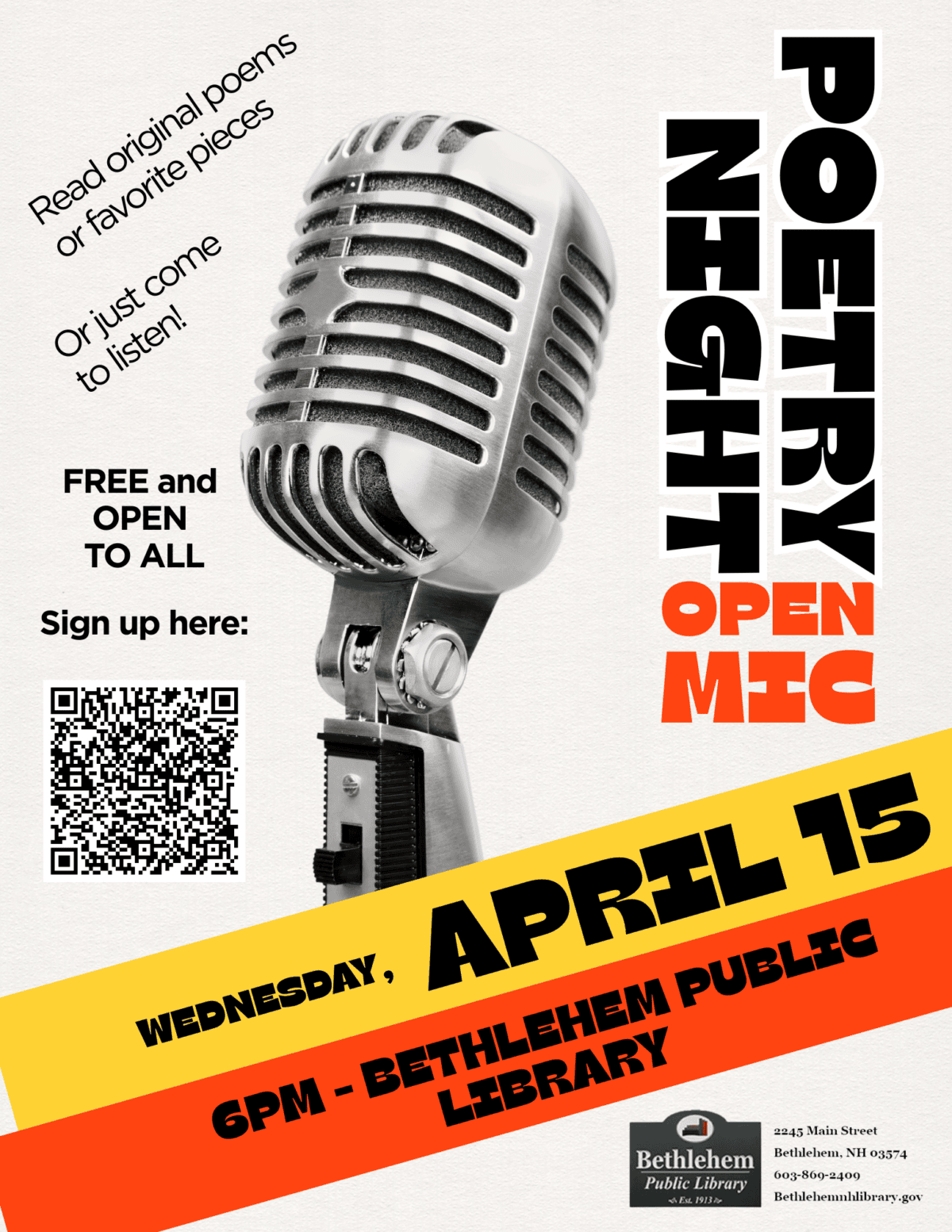 poetry open mic night Wednesday April 20th 6pm Read original poems or favorite pieces Or just come to listen! FREE and OPEN TO ALL Sign up here: https://bit.ly/4s3VOPC