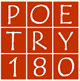 Nine red squares arranged in a 3x3 grid, each containing a white uppercase letter spelling out POETRY 180.