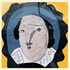 Abstract painting of a person with a pale, oval face, minimal features, dark hair, and a white ruffled collar, set against a yellow and blue background.