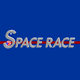 The image shows the words Space Race in silver letters on a blue background, with a red line running horizontally through the text. The letter S includes a NASA-style emblem.