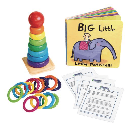 A colorful stacking ring toy, a board book titled Big Little by Leslie Patricelli with an elephant on the cover, textured plastic rings, and several instruction cards arranged on a white background.