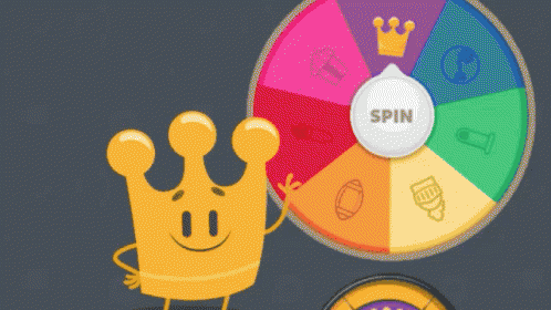 A smiling golden crown character stands next to a colorful spinning wheel with different icons, including a crown, football, and paintbrush, and a white button in the center labeled SPIN.