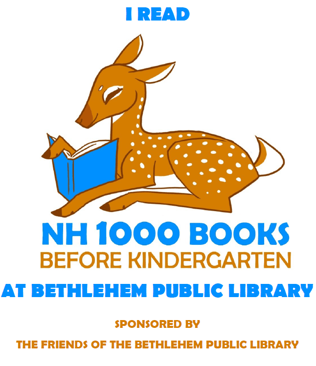 A cartoon fawn lies down and reads a blue book. Text reads: I read NH 1000 Books Before Kindergarten at Bethlehem Public Library. Sponsored by The Friends of the Bethlehem Public Library.