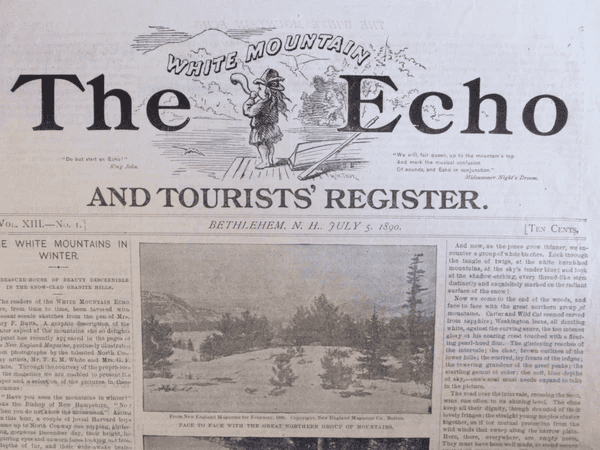 Front page of a historic newspaper titled The Echo and Tourists’ Register from Bethlehem, N.H., dated July 5, 1890, featuring a drawing of a hiker and a scenic image of the White Mountains.