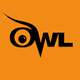 Stylized owl logo with the word OWL, where the O resembles an owls eye and the left brow forms a feather. The design is black on an orange background.